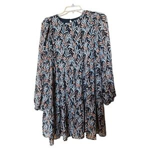 THML Long Sleeve‎ Baby Doll Mini Dress Small NWT Botanical Print Black Boho